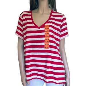 Nicole Miller Stripe Tee t-shirt Tank Top Red V-Neck Short Sleeve Hi Low NWOT